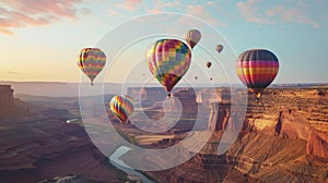 Vibrant hot air balloons drift over canyon, painting sky with colors, Ai Generated