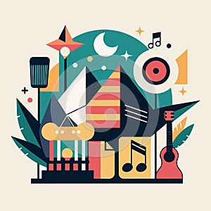 Vibrant House With Music Instruments, Stylish promotional materials for a music festival, minimalist simple modern vector logo