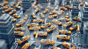 A vibrant hub of transportation with endless rows of yellow cabs creating a maze for city dwellers seeking a ride to photo