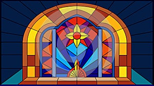 The vibrant hues of blue red and gold come together harmoniously in the stunning stained glass window evoking a sense of