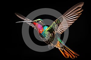 A vibrant hummingbird flies gracefully through the air, displaying its stunning colors, The shiny colored, fiery throated