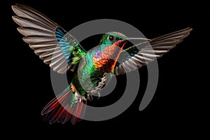 A vibrant hummingbird gracefully soars through the air, showcasing its stunning colors, The shiny colored, fiery throated