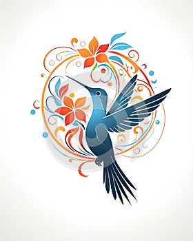 Vibrant hummingbird graphic stylised logo style image with flowers