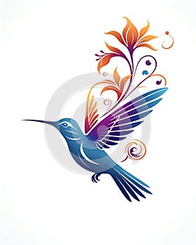 Vibrant hummingbird graphic stylised logo style image with flowers