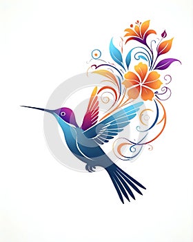 Vibrant hummingbird graphic stylised logo style image with flowers