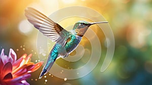 A vibrant hummingbird hovering in mid-air, its iridescent feathers glinting in the sunlight