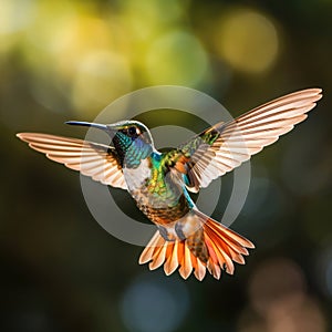 A vibrant hummingbird hovering in mid-air, its iridescent feathers glinting in the sunlight