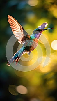 A vibrant hummingbird hovering in mid-air, its iridescent feathers glinting in the sunlight