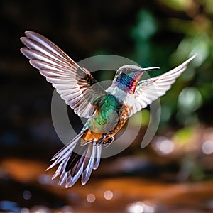 A vibrant hummingbird hovering in mid-air, its iridescent feathers glinting in the sunlight