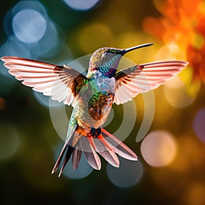 A vibrant hummingbird hovering in mid-air, its iridescent feathers glinting in the sunlight