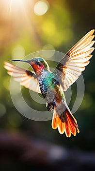 A vibrant hummingbird hovering in mid-air, its iridescent feathers glinting in the sunlight