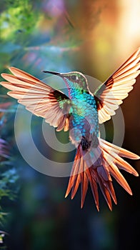 A vibrant hummingbird hovering in mid-air, its iridescent feathers glinting in the sunlight