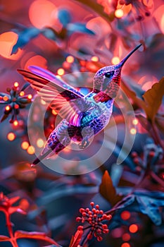 Vibrant Hummingbird Hovering in Midair Amongst Bright Floral Bush with a Backdrop of Blue and Purple Hues