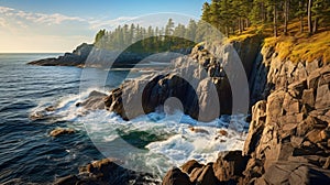 Vibrant Hyper-realistic Portraiture: Captivating Rocky Coastline With Ocean And Trees