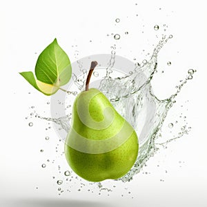 Vibrant Hyperrealistic Pear With Water Splash And Green Leaf