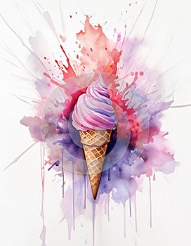 A vibrant ice cream cone with a purple swirl is surrounded by an explosive splash of colorful watercolors