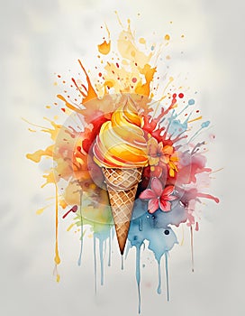 A vibrant ice cream cone with a splash of colorful paint and flowers, illustrating a blend of realism and abstract art