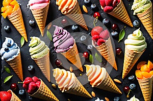 Vibrant Ice Cream Cones: Blueberry, Strawberry, Pistachio, Almond Flavors