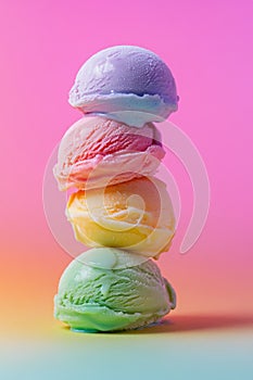 Vibrant ice cream scoops stacked in soft lighting