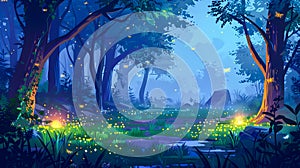 Vibrant Illustrated Forest Scene with Fireflies