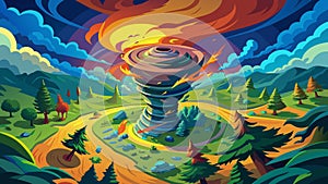 Vibrant Illustrated Tornado Engulfing a Lush Landscape at Sunset