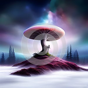 Vibrant illustration of a big mushroom, with lots of details, created by AI generator