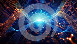 vibrant illustration of binary code streams flowing through glowing neural network, creating sense of dynamic energy and