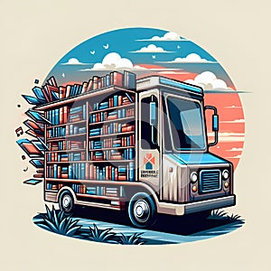 Mobile library truck at sunset illustration photo