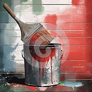Paintbrush in Action - Illustration of a Paintbrush Painting a Wall with a Bucket of Paint in the Background photo