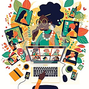 Vibrant Illustration of a Creative Woman in a Digital Workspace Setting