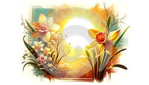 Vibrant Illustration of Daffodils and Narcissus with Radiant Sun