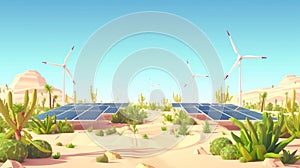 Vibrant illustration of a desert scene dotted with wind turbines and solar panels, evoking the potential for renewable