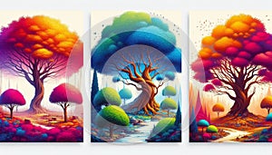 Vibrant Illustration of Diverse Tree Species, Each Isolated on Clean White Background for Architecture photo