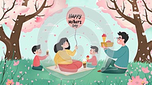 A vibrant illustration of a family enjoying a picnic under cherry blossoms with Happy Mothers Day wishes, highlighting