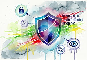 Illustration features a central shield symbolizing protection or