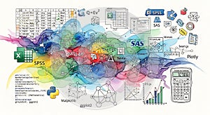 Colorful Data Science Software and Tools Illustration for Statistical Analysis Visualizations