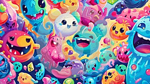 A vibrant illustration featuring cute and kawaii cartoon characters