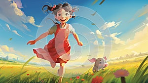 Vibrant Illustration Of A Girl With A Pig Running On A Green Field