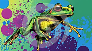 Vibrant illustration of a green tree frog with colorful abstract background