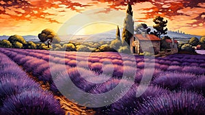 Vibrant Illustration Of A Lavender Field And House At Sunset