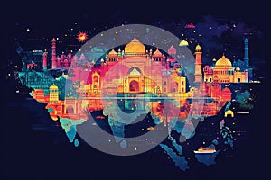 A vibrant illustration of the map of India with various iconic landmarks