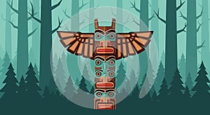 Native American Totem Pole in Forest