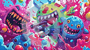 Vibrant illustration of playful cartoon monsters engaged in a joyous paint shooting spree with lively expressions