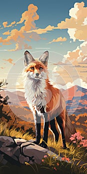 Vibrant Illustration Of A Red Fox On A Hill photo