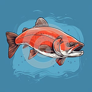 Vibrant Illustration Of A Salmon Fish On Blue Background