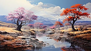 Vibrant Illustration Of Scenic River With Trees And Cherry Blossoms