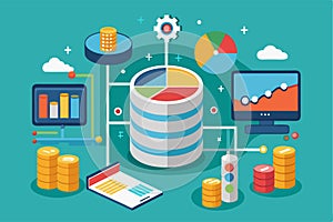 A vibrant illustration showcases customizable data analytics tools featuring charts and graphs, Customizable data with