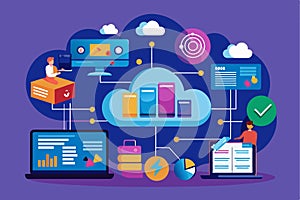 A vibrant illustration showcasing cloud data management, featuring analytics, various tools, and data visualization in a digital
