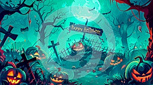 Vibrant illustration of a spooky forest with jack-o'-lanterns, full moon, and happy halloween sign