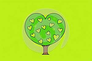 A vibrant illustration of a tree with heart-shaped leaves on a neon green background, symbolizing love, growth, and eco-